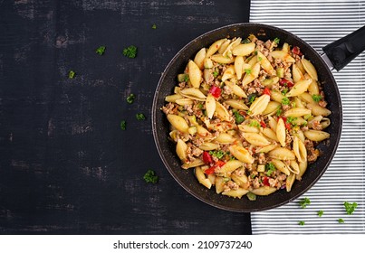 Conchiglie Pasta. Italian Pasta Shells With Minced Meat, Zucchini, Tomato And Sweet Peppers. Top View, Above