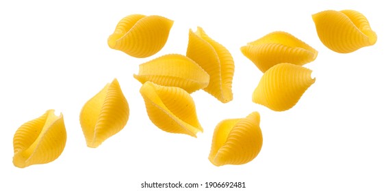 Conchiglie rigate. Falling striped shell pasta isolated on white background with clipping path - Powered by Shutterstock