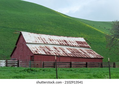 Concord, CA, USA - January 5, 2022: Red Barn On The Grassy Hills Of Kirker Pass Road In Between Pittsburg And Concord