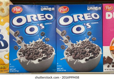 Concord, California, USA - July 30, 2021: Boxes Of Post Brand Oreo O's Cereal On The Shelf At The Grocery Store.