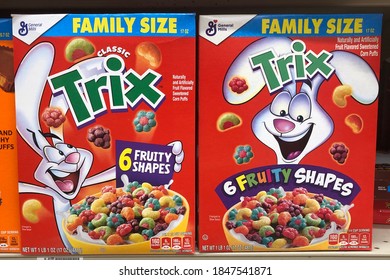 CONCORD, CA/USA - OCTOBER 24, 2020: Boxes of Trix cereal on super market shelf.
