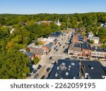 Concord historic town center aerial view in summer on Main Street in town of Concord, Massachusetts MA, USA. 
