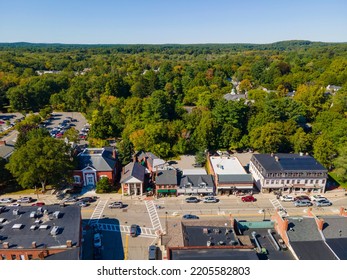 Concord Historic Town Center Aerial View In Summer On Main Street In Town Of Concord, Massachusetts MA, USA. 