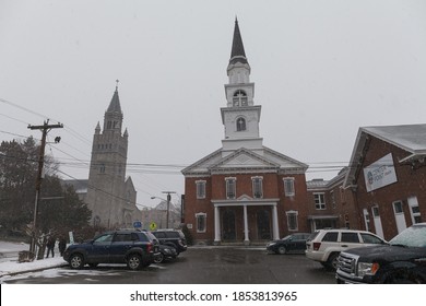 CONCORD, NH, USA - FEBRUARY 18, 2020: Church. Street view of city in New Hampshire NH, USA.