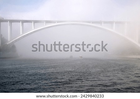 Concrete Arrabida bridge over Douro river in the middle of fog.