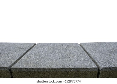 Concrete Bench Top With Stone Texture Backdrop On White Background. 