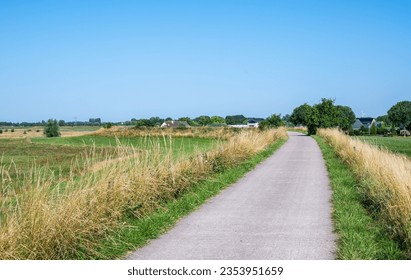 Concrete biking path through the fields at the Dutch countryside around Groessen, Gelderland, The Netherlands