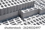 Concrete Brick Blocks Stacked in Construction Site area, Wall Construction Material Background, High angle and Diagonal view with Copy space