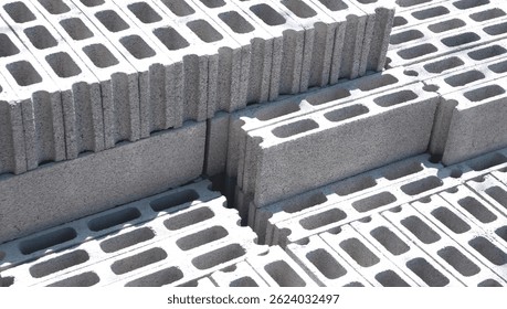 Concrete Brick Blocks Stacked in Construction Site area, Wall Construction Material Background, High angle and Diagonal view with Copy space