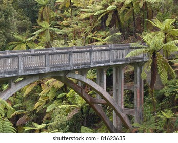A concrete bridge in the middle of the jungle surrounded by palm trees