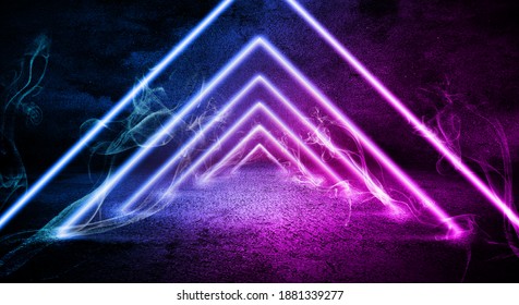 The concrete building space under the triangle neon lights extends the spatial sense of the future background. - Powered by Shutterstock