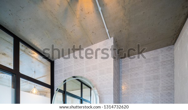Concrete Ceiling Stylish Lamp Interior Modern Stock Image