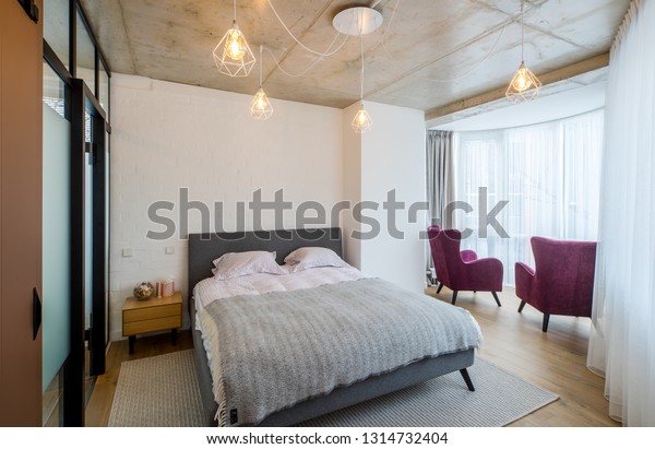 Concrete Ceilings Wooden Floor Interior Bedroom Stock Photo