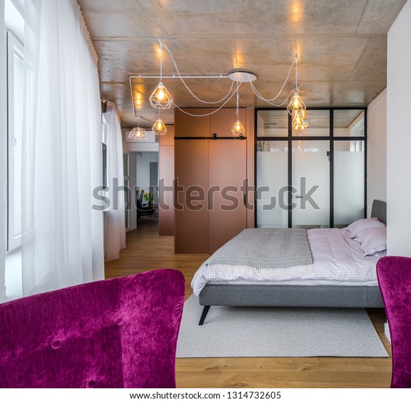 Concrete Ceilings Wooden Floor Interior Bedroom Stock Photo