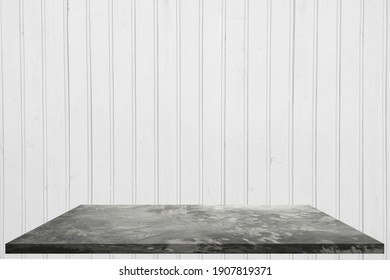 Concrete floor or table empty on a white wood background. Concept to place products such as cement, steel, or other construction related products. Or Place food-related items such as meat, vegetables.