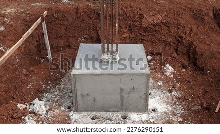 Concrete footings for new buildings under construction, Concrete formwork and reinforcing steel for construction foundations at construction sites