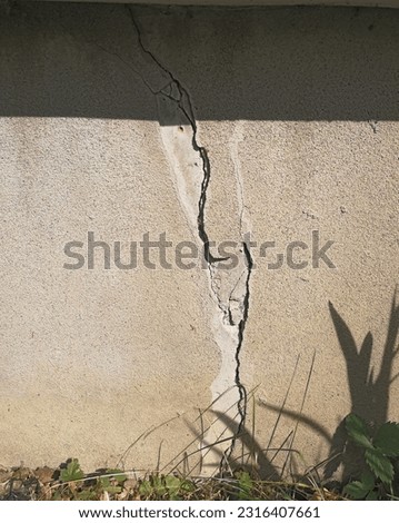 concrete foundation crack, extending below the ground level posing a potential risk of water infiltration into the basement. Such cracks require inspection for the safety of the homeowner. 