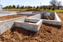 Concrete Foundation With Reinforcement And Metal Slab Construction Site, Process Of House Building Cement Ground Block