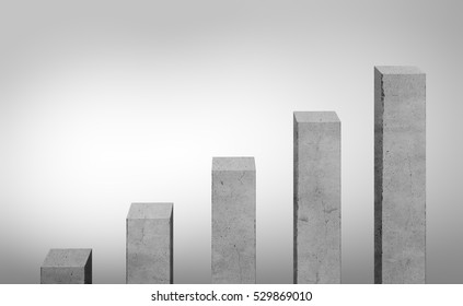 Concrete gray bars different size standing in ascending order Charts and statistics. Construction site. Enterprise analytics. Collage for business