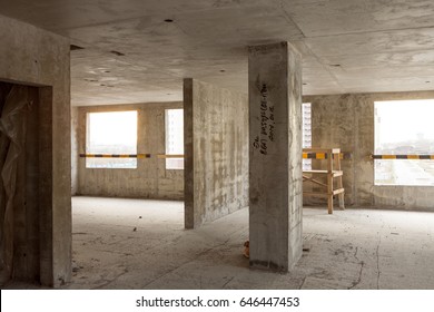 Concrete House Construction Site. Concrete Interior Construction. Concrete Walls, Beams, Slabs, Columns Of New Apartment Building Interior