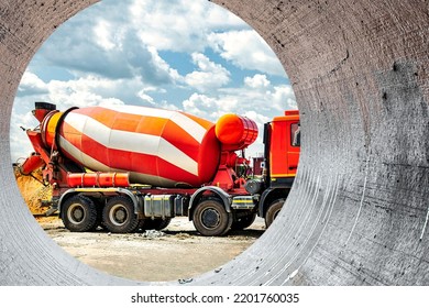 Concrete mixer truck in front of a concrete batching plant, cement factory. Loading concrete mixer truck. Close-up. Delivery of concrete to the construction site. - Shutterstock ID 2201760035
