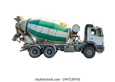 Concrete Mixer Truck On A White Background. Used Real World With Rust And Remnants Of Concrete Or Cement