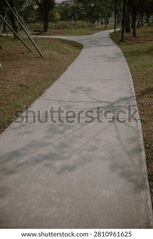 Concrete path with tree shadows in a park landscape.
