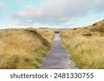 Concrete Pathway Through Sandy Dunes on Cloudy Day