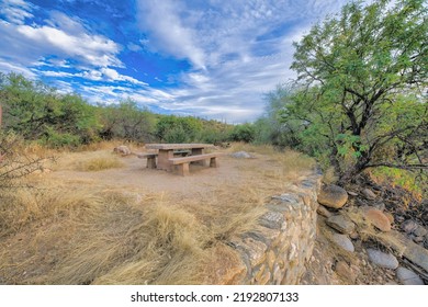 Concrete Picnic Table On A Dirt Ground With Stone Walls At Tucson, Arizona. Table In The Middle Of Dry Grasses And Trees Near The Slope With Wild Green Plants.