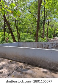 A concrete rectangular structure sits in a lush green park surrounded by tall trees and foliage under bright daylight.