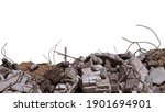 Concrete remains of a ruined building with exposed rebar, isolated on a white background. Background.