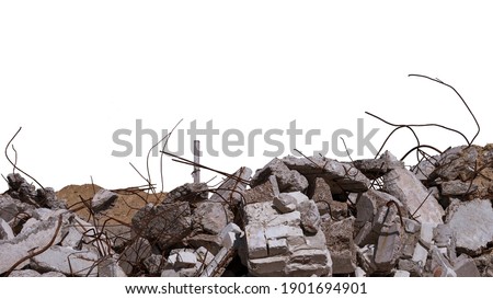 Concrete remains of a ruined building with exposed rebar, isolated on a white background. Background.