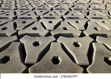 Concrete Revetment Block Laid On The Shore Of An Artificial Island