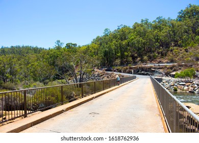 Concrete Road Over The Rocks To View The Massive Concrete Wall And Slipway  Of Wellington Dam Near Collie Western Australia On A Fine Morning In Summer Is One Way Traffic Only.