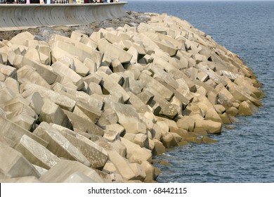 Concrete Shapes Used As Sea Wall Defense From Wave Action.