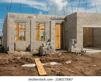 Concrete Shell Of A New Single-family House Under Construction In A Suburban Development On A Sunny Afternoon In Southwest Florida