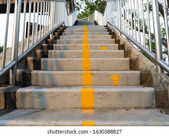 Concrete Staircase Of Overpass With Steel Hand Rail. 