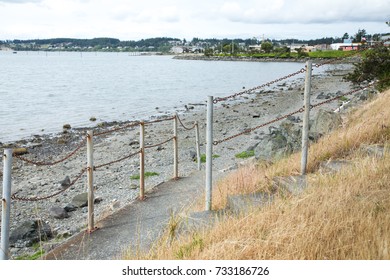 Concrete stairs with a chain link railing, lined by tall grass, leading down to a rocky beach park, with a coastal cove shoreline in background - Powered by Shutterstock