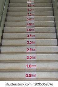 Concrete Stairs In School.Each Step Is Labeled With The Amount Of Energy It Takes To Climb The Stairs. Thai Text Means Kilocalories To Encourage Students To Use Stairs To Exercise.