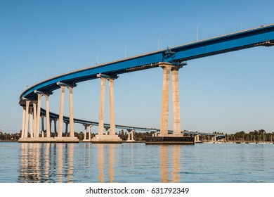 The concrete and steel girders of the San Diego-Coronado Bay bridge as it spans San Diego bay.  