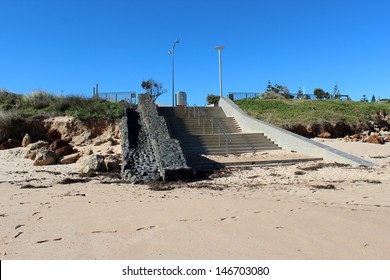 Concrete Steps Lead Up From   Ocean Beach Bunbury Western Australia  To The Cycleway And Parking Area In Early Morning  On A Fine Winter Day.