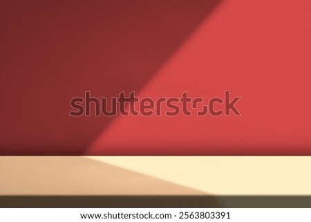 Concrete Table with Light Beam and Shadow on Red Wall Background, Suitable for Cosmetic Product Presentation Backdrop, Display, and Mock up.