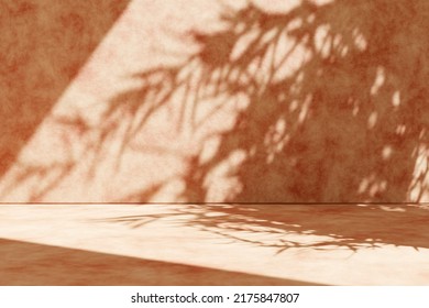 Concrete Wall Background With Plant Shadow. Summer Tropical Architecture Scene. Product Placement Display On Rustic Cement Texture Stage.