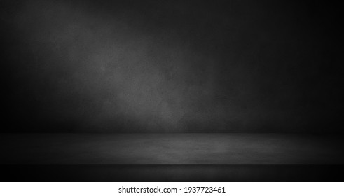 Concrete Wall And Floor Texture In The Dark With Light, Stone Three Dimensional Room For Mock Up Or Product Display Background