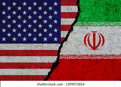 concrete wall with painted united states and iran flags