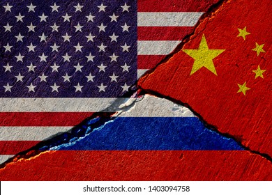 concrete wall with painted united states, china and russia flags - Shutterstock ID 1403094758