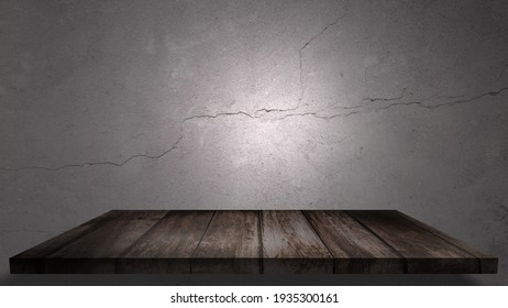 Concrete Wall Wooden Table. Swinging Light Above. Interrogation Room. Copy Space.