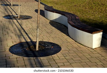 Concrete White Bench Block And Wave Shape In The Park On A Dark Cobbled Square, Clean Concrete Surface Gray Brown White Pedestrian And Rest Area At The Skate Park For Young People, Teenagers