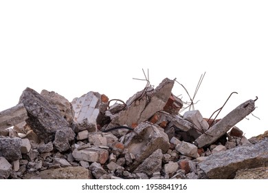 Concrete wreckage closeup of a destroyed building isolated on a white background.