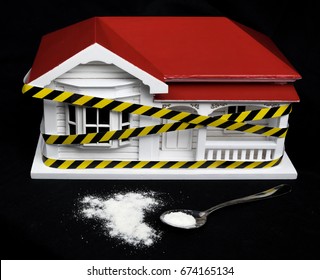 Condemned Drug Contaminated Home Concept New Zealand NZ Villa House And Powdered Substance That May Resemble Meth, Methamphetamine, Heroin, Cocaine